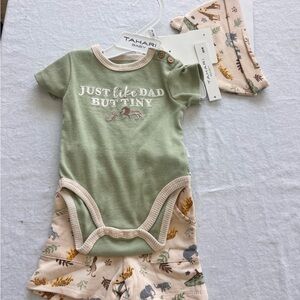 Tahari Sage Green Ribbed Baby Bodysuit Set with Beige Animal Print